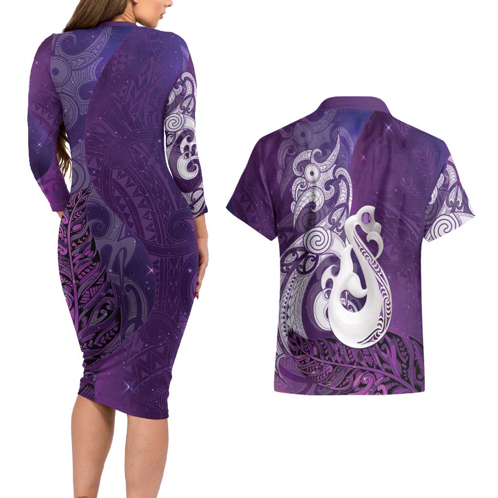 New Zealand Matariki Couples Matching Long Sleeve Bodycon Dress and Hawaiian Shirt Maori Manaia Galaxy Silver Fern Purple Color