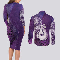New Zealand Matariki Couples Matching Long Sleeve Bodycon Dress and Long Sleeve Button Shirt Maori Manaia Galaxy Silver Fern Purple Color