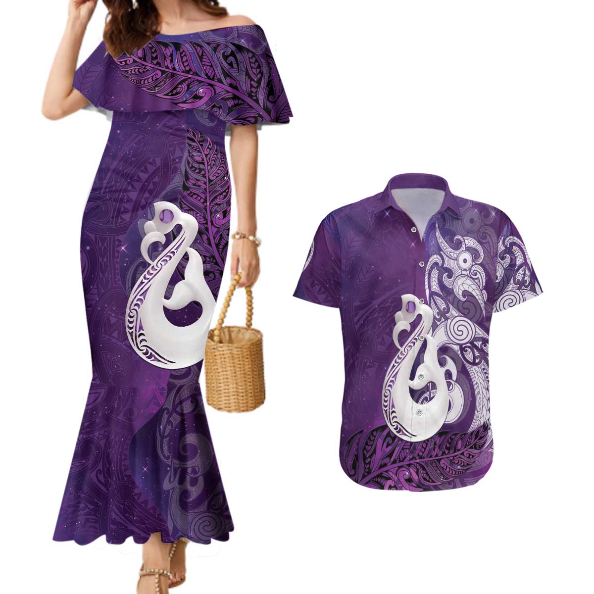 New Zealand Matariki Couples Matching Mermaid Dress and Hawaiian Shirt Maori Manaia Galaxy Silver Fern Purple Color