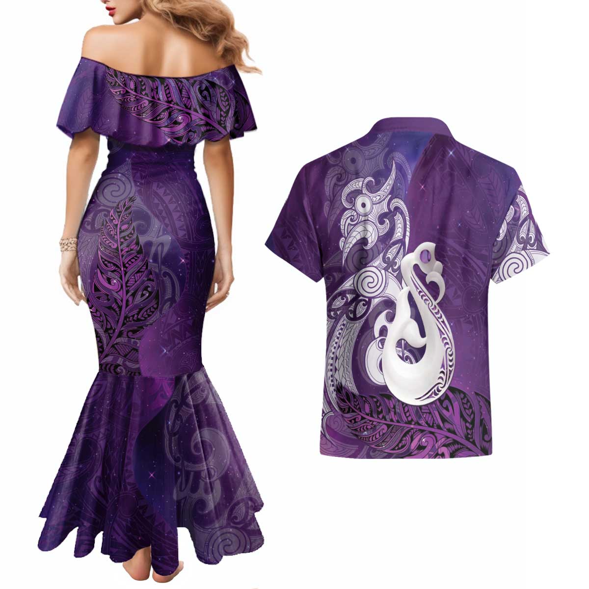 New Zealand Matariki Couples Matching Mermaid Dress and Hawaiian Shirt Maori Manaia Galaxy Silver Fern Purple Color