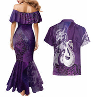 New Zealand Matariki Couples Matching Mermaid Dress and Hawaiian Shirt Maori Manaia Galaxy Silver Fern Purple Color