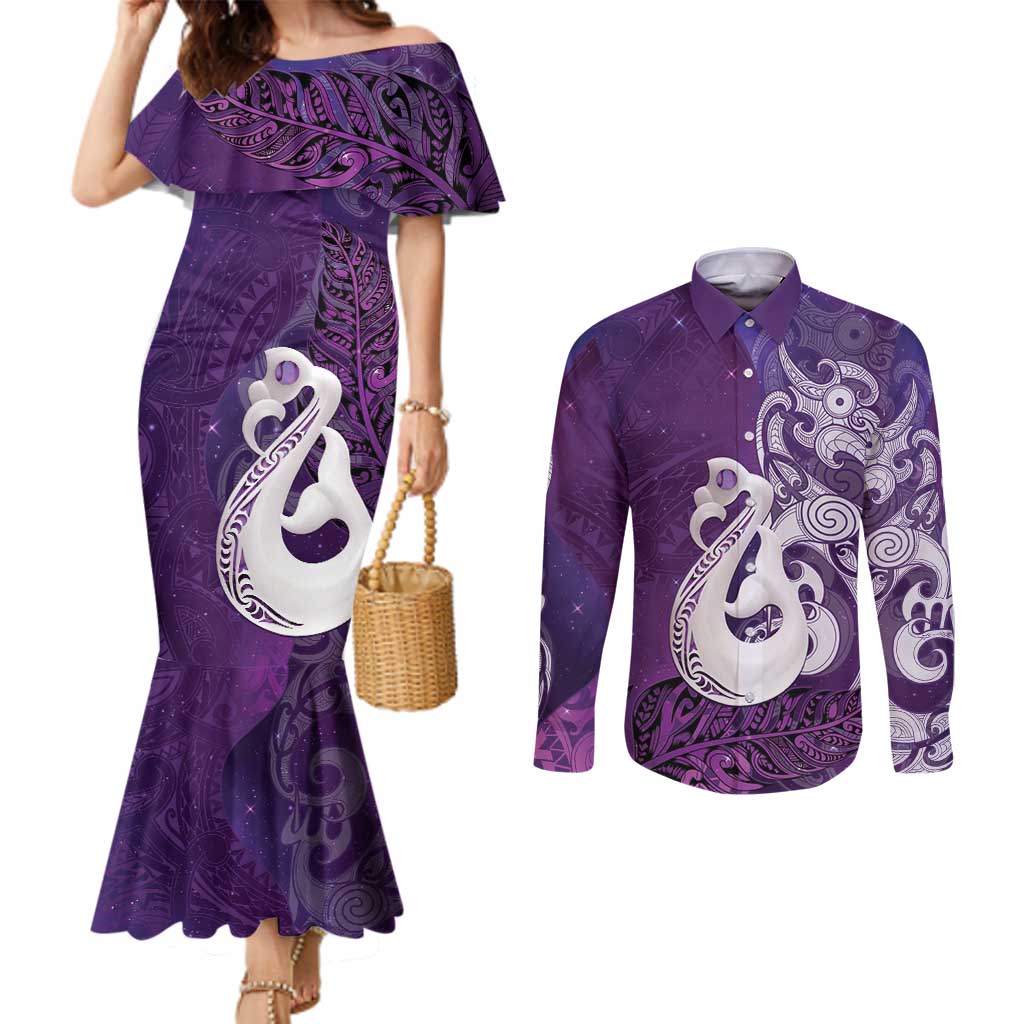 New Zealand Matariki Couples Matching Mermaid Dress and Long Sleeve Button Shirt Maori Manaia Galaxy Silver Fern Purple Color