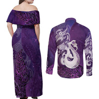 New Zealand Matariki Couples Matching Off Shoulder Maxi Dress and Long Sleeve Button Shirt Maori Manaia Galaxy Silver Fern Purple Color