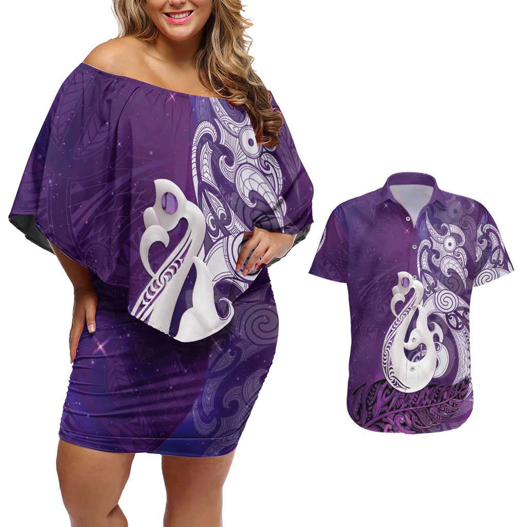 New Zealand Matariki Couples Matching Off Shoulder Short Dress and Hawaiian Shirt Maori Manaia Galaxy Silver Fern Purple Color