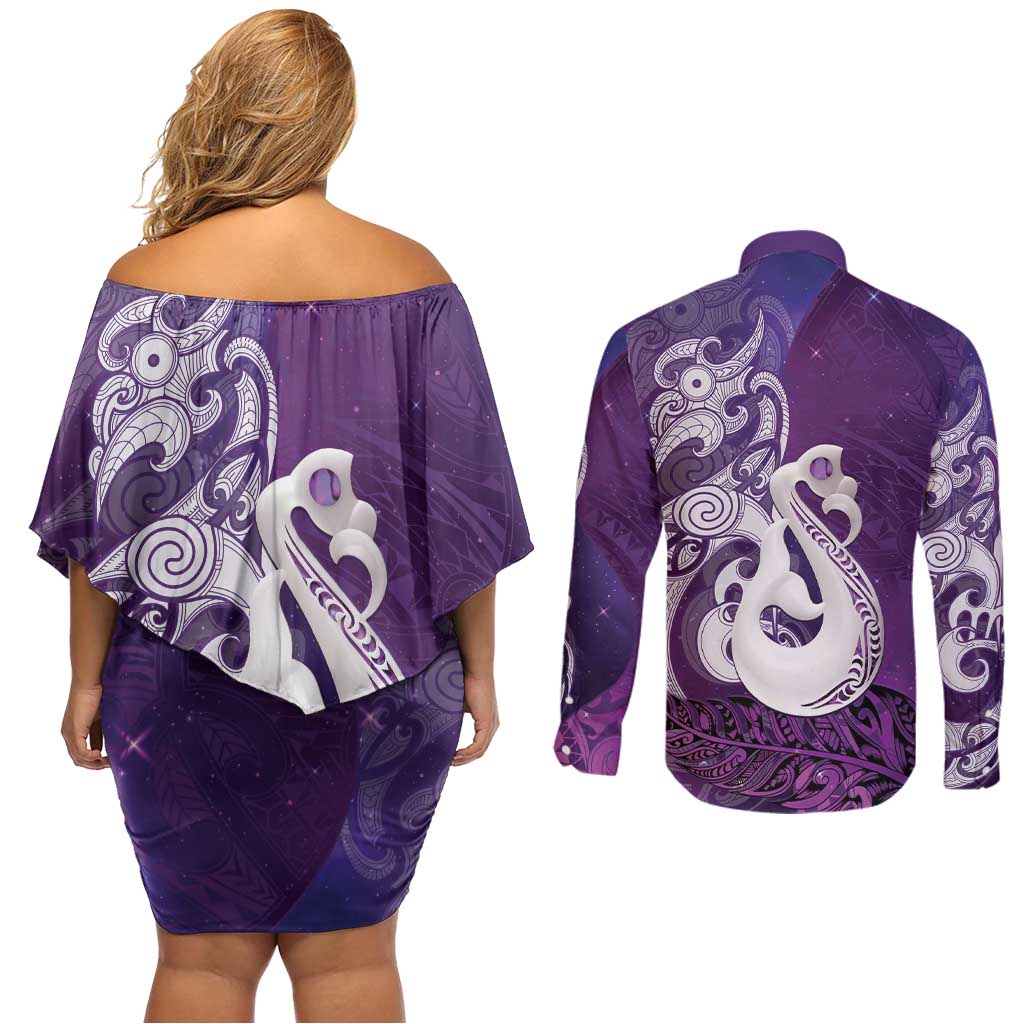 New Zealand Matariki Couples Matching Off Shoulder Short Dress and Long Sleeve Button Shirt Maori Manaia Galaxy Silver Fern Purple Color