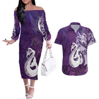 New Zealand Matariki Couples Matching Off The Shoulder Long Sleeve Dress and Hawaiian Shirt Maori Manaia Galaxy Silver Fern Purple Color