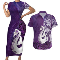 New Zealand Matariki Couples Matching Short Sleeve Bodycon Dress and Hawaiian Shirt Maori Manaia Galaxy Silver Fern Purple Color