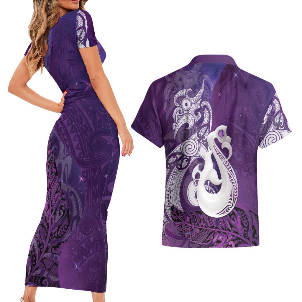 New Zealand Matariki Couples Matching Short Sleeve Bodycon Dress and Hawaiian Shirt Maori Manaia Galaxy Silver Fern Purple Color