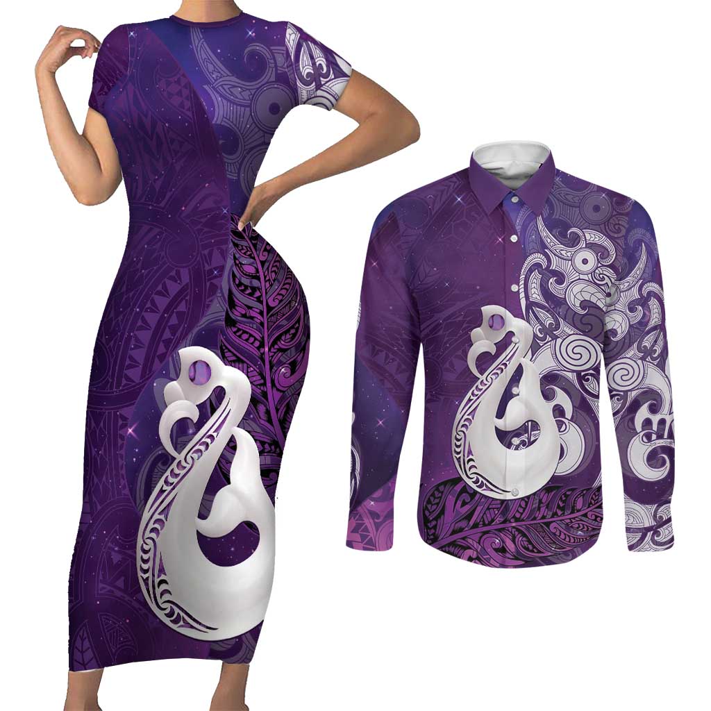 New Zealand Matariki Couples Matching Short Sleeve Bodycon Dress and Long Sleeve Button Shirt Maori Manaia Galaxy Silver Fern Purple Color LT22 Purple - Polynesian Pride