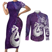 New Zealand Matariki Couples Matching Short Sleeve Bodycon Dress and Long Sleeve Button Shirt Maori Manaia Galaxy Silver Fern Purple Color LT22 Purple - Polynesian Pride
