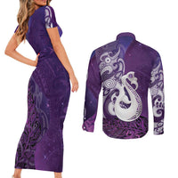 New Zealand Matariki Couples Matching Short Sleeve Bodycon Dress and Long Sleeve Button Shirt Maori Manaia Galaxy Silver Fern Purple Color LT22 - Polynesian Pride