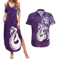New Zealand Matariki Couples Matching Summer Maxi Dress and Hawaiian Shirt Maori Manaia Galaxy Silver Fern Purple Color