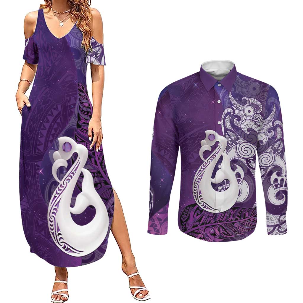 New Zealand Matariki Couples Matching Summer Maxi Dress and Long Sleeve Button Shirt Maori Manaia Galaxy Silver Fern Purple Color