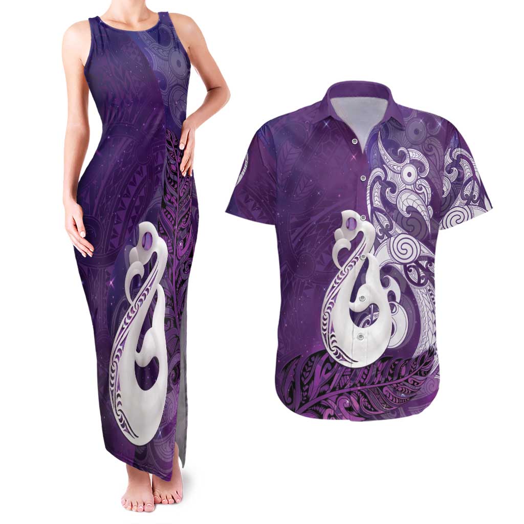 New Zealand Matariki Couples Matching Tank Maxi Dress and Hawaiian Shirt Maori Manaia Galaxy Silver Fern Purple Color