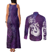 New Zealand Matariki Couples Matching Tank Maxi Dress and Long Sleeve Button Shirt Maori Manaia Galaxy Silver Fern Purple Color