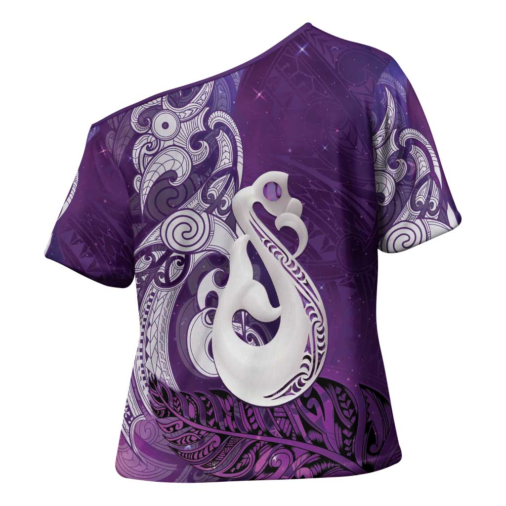 New Zealand Matariki Cross Shoulder Shirt Maori Manaia Galaxy Silver Fern Purple Color