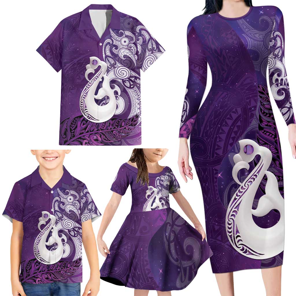 New Zealand Matariki Family Matching Long Sleeve Bodycon Dress and Hawaiian Shirt Maori Manaia Galaxy Silver Fern Purple Color