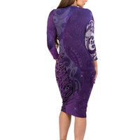 New Zealand Matariki Family Matching Long Sleeve Bodycon Dress and Hawaiian Shirt Maori Manaia Galaxy Silver Fern Purple Color