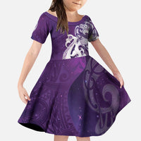 New Zealand Matariki Family Matching Mermaid Dress and Hawaiian Shirt Maori Manaia Galaxy Silver Fern Purple Color LT22 Daughter's Dress Purple - Polynesian Pride
