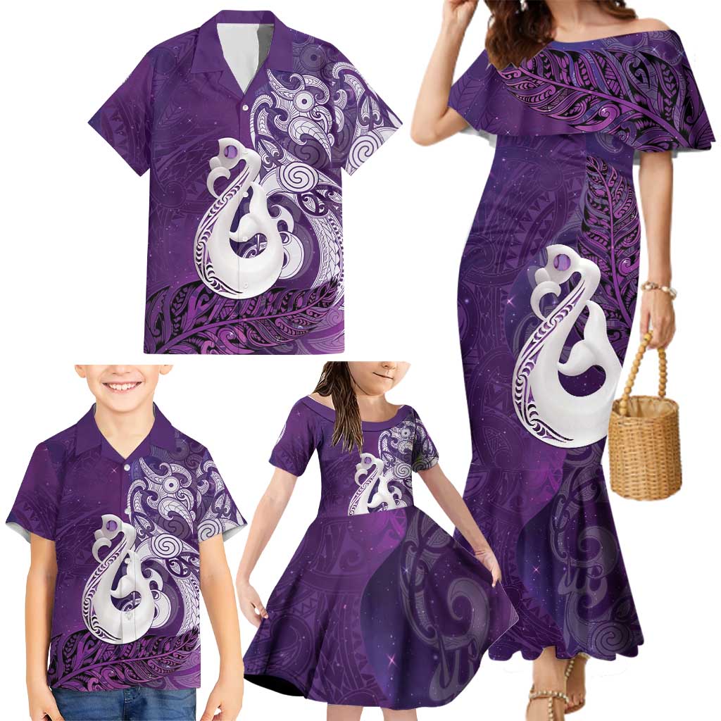 New Zealand Matariki Family Matching Mermaid Dress and Hawaiian Shirt Maori Manaia Galaxy Silver Fern Purple Color LT22 - Polynesian Pride