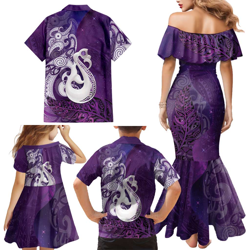New Zealand Matariki Family Matching Mermaid Dress and Hawaiian Shirt Maori Manaia Galaxy Silver Fern Purple Color LT22 - Polynesian Pride