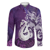 New Zealand Matariki Family Matching Mermaid Dress and Hawaiian Shirt Maori Manaia Galaxy Silver Fern Purple Color LT22 Dad's Shirt - Long Sleeve Purple - Polynesian Pride
