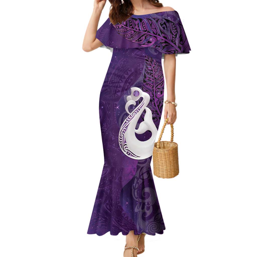 New Zealand Matariki Family Matching Mermaid Dress and Hawaiian Shirt Maori Manaia Galaxy Silver Fern Purple Color LT22 Mom's Dress Purple - Polynesian Pride