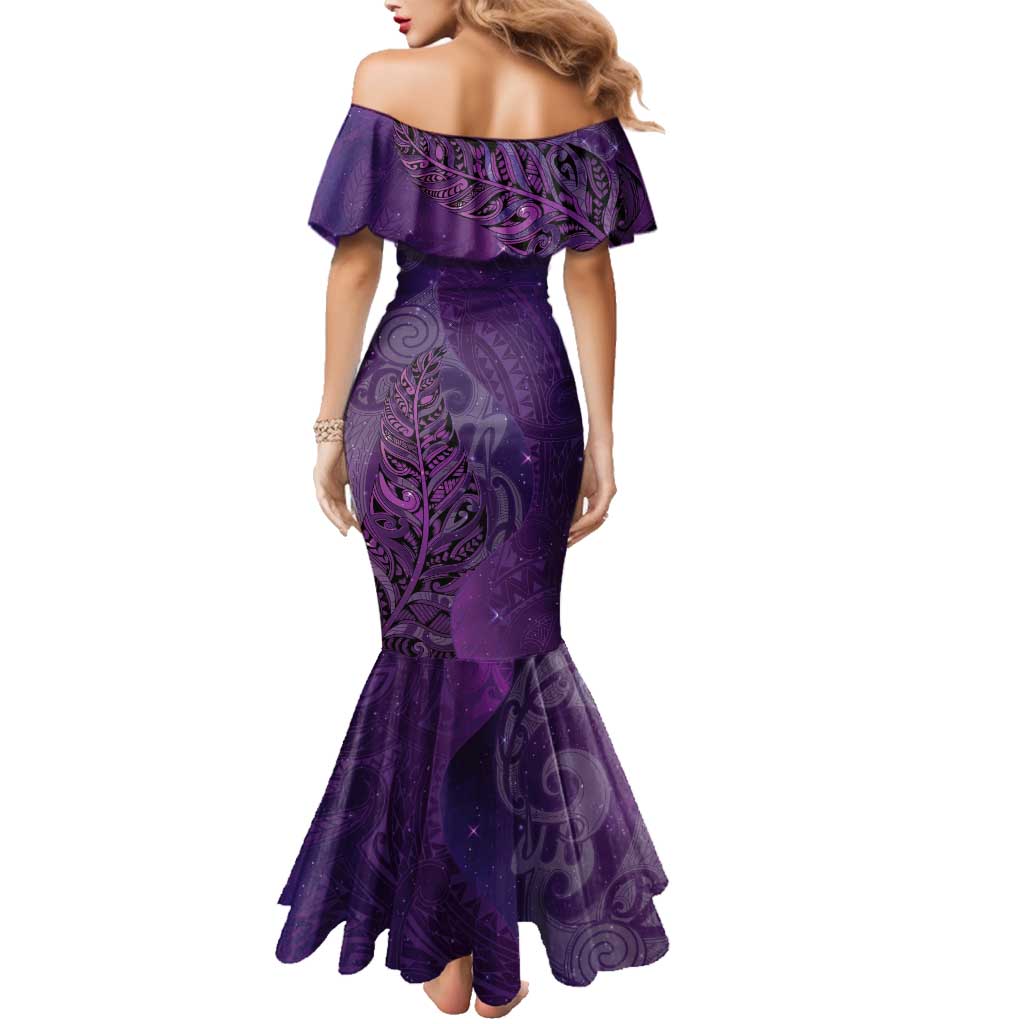 New Zealand Matariki Family Matching Mermaid Dress and Hawaiian Shirt Maori Manaia Galaxy Silver Fern Purple Color LT22 - Polynesian Pride