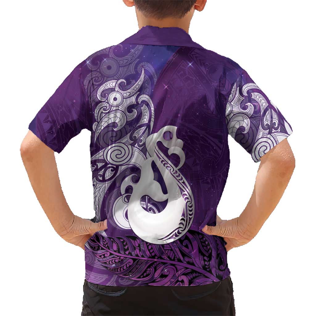 New Zealand Matariki Family Matching Off The Shoulder Long Sleeve Dress and Hawaiian Shirt Maori Manaia Galaxy Silver Fern Purple Color LT22 - Polynesian Pride