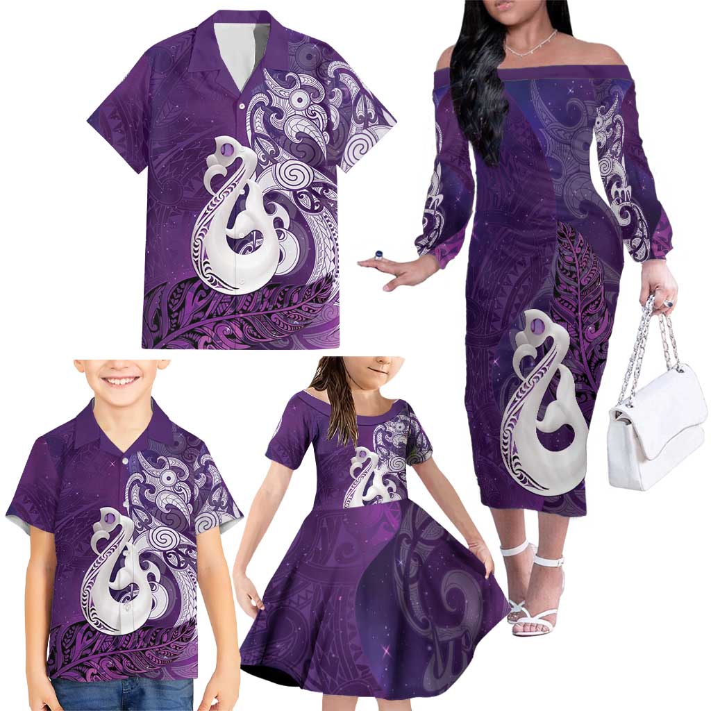 New Zealand Matariki Family Matching Off The Shoulder Long Sleeve Dress and Hawaiian Shirt Maori Manaia Galaxy Silver Fern Purple Color LT22 - Polynesian Pride
