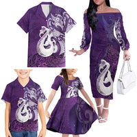 New Zealand Matariki Family Matching Off The Shoulder Long Sleeve Dress and Hawaiian Shirt Maori Manaia Galaxy Silver Fern Purple Color LT22 - Polynesian Pride