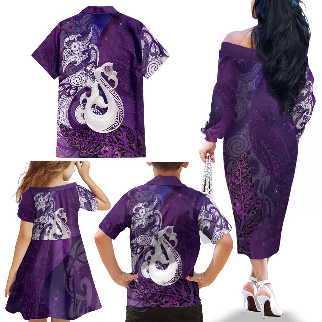 New Zealand Matariki Family Matching Off The Shoulder Long Sleeve Dress and Hawaiian Shirt Maori Manaia Galaxy Silver Fern Purple Color LT22 - Polynesian Pride