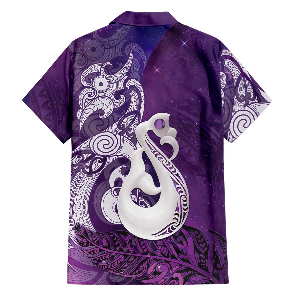 New Zealand Matariki Family Matching Off The Shoulder Long Sleeve Dress and Hawaiian Shirt Maori Manaia Galaxy Silver Fern Purple Color LT22 - Polynesian Pride