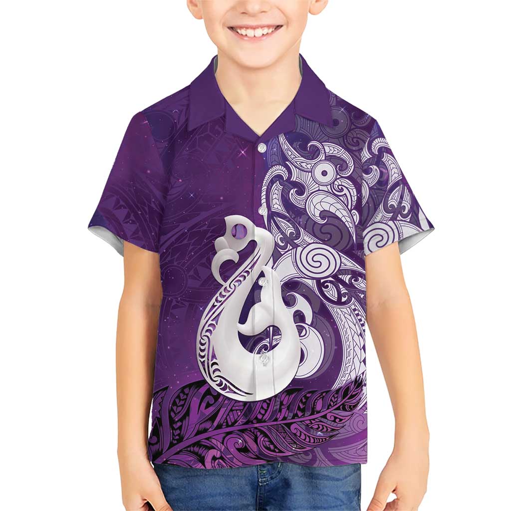 New Zealand Matariki Family Matching Off The Shoulder Long Sleeve Dress and Hawaiian Shirt Maori Manaia Galaxy Silver Fern Purple Color LT22 Son's Shirt Purple - Polynesian Pride