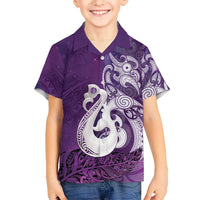 New Zealand Matariki Family Matching Off The Shoulder Long Sleeve Dress and Hawaiian Shirt Maori Manaia Galaxy Silver Fern Purple Color LT22 Son's Shirt Purple - Polynesian Pride