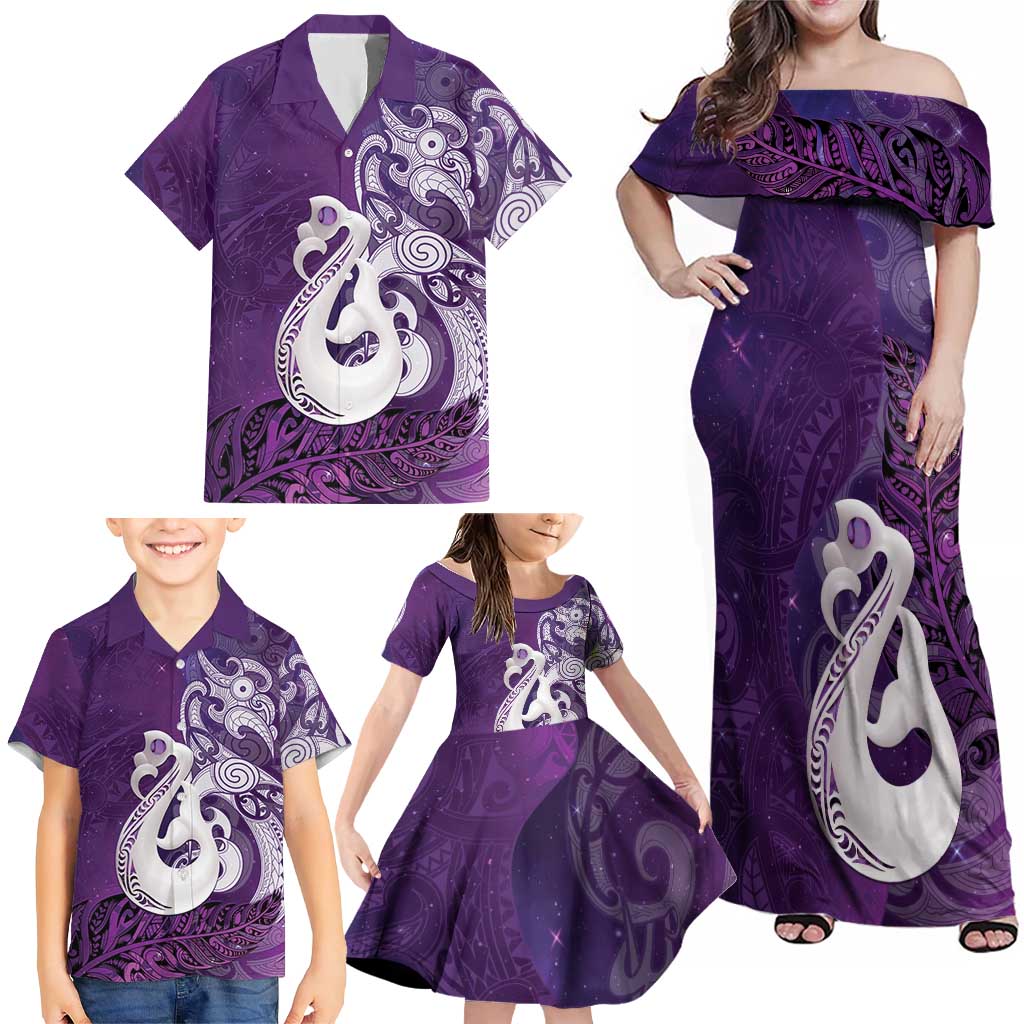 New Zealand Matariki Family Matching Off Shoulder Maxi Dress and Hawaiian Shirt Maori Manaia Galaxy Silver Fern Purple Color