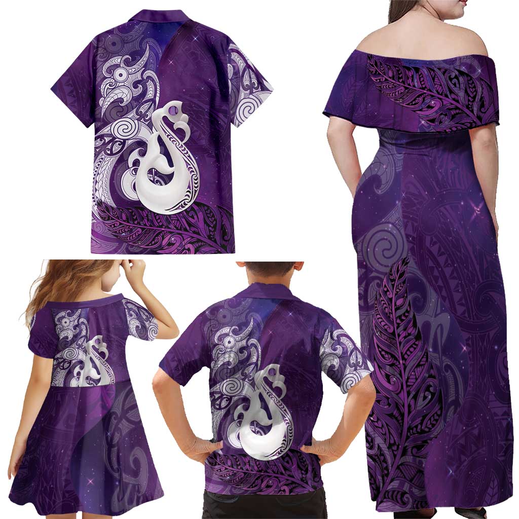 New Zealand Matariki Family Matching Off Shoulder Maxi Dress and Hawaiian Shirt Maori Manaia Galaxy Silver Fern Purple Color
