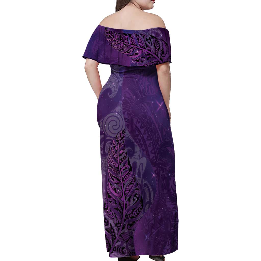 New Zealand Matariki Family Matching Off Shoulder Maxi Dress and Hawaiian Shirt Maori Manaia Galaxy Silver Fern Purple Color