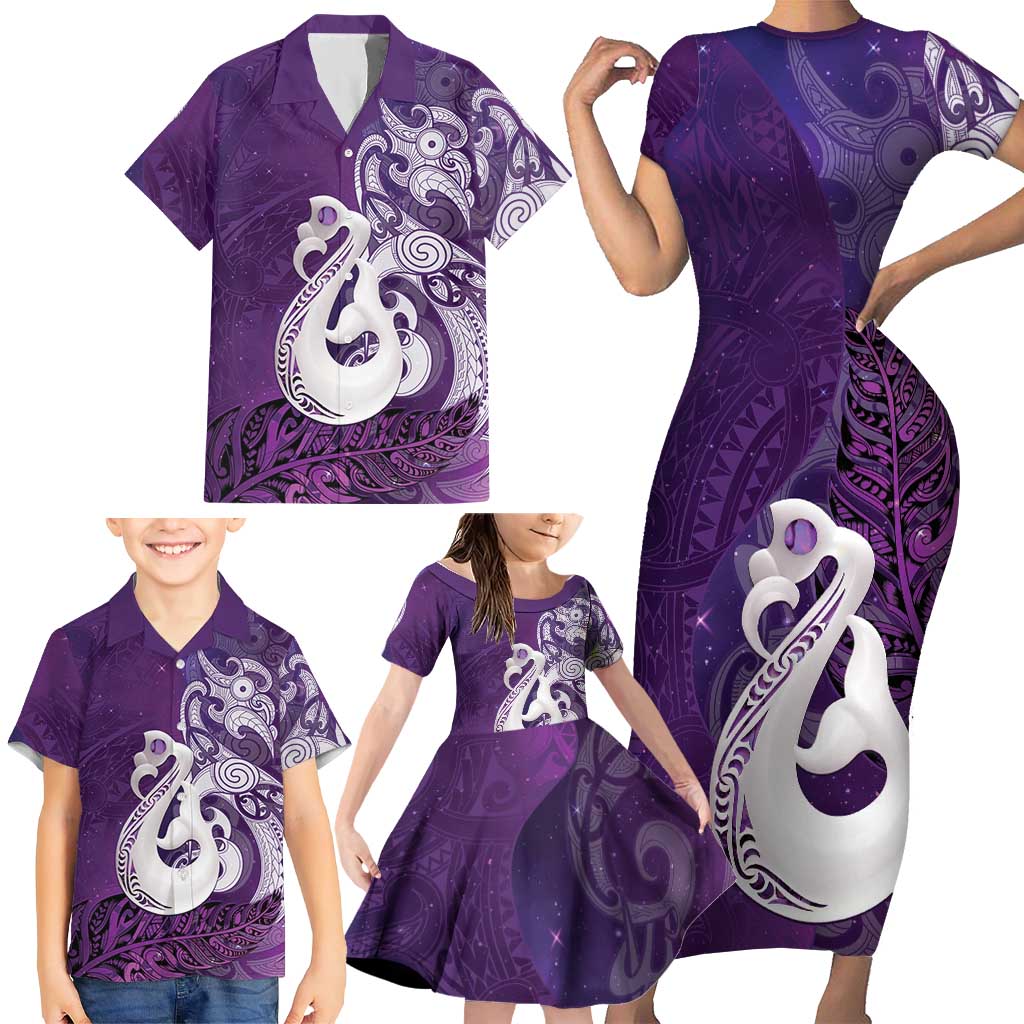 New Zealand Matariki Family Matching Short Sleeve Bodycon Dress and Hawaiian Shirt Maori Manaia Galaxy Silver Fern Purple Color
