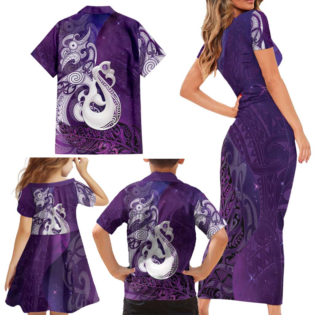 New Zealand Matariki Family Matching Short Sleeve Bodycon Dress and Hawaiian Shirt Maori Manaia Galaxy Silver Fern Purple Color