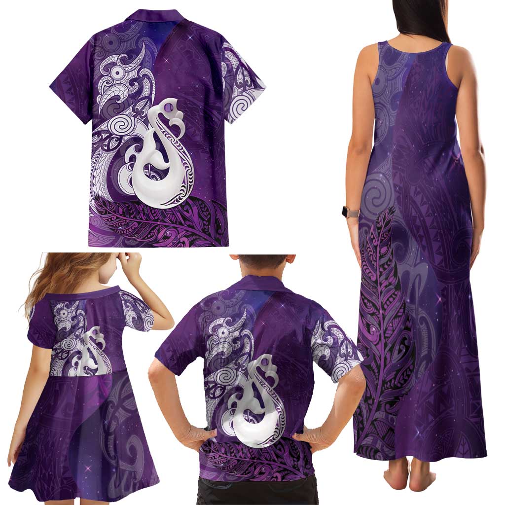 New Zealand Matariki Family Matching Tank Maxi Dress and Hawaiian Shirt Maori Manaia Galaxy Silver Fern Purple Color