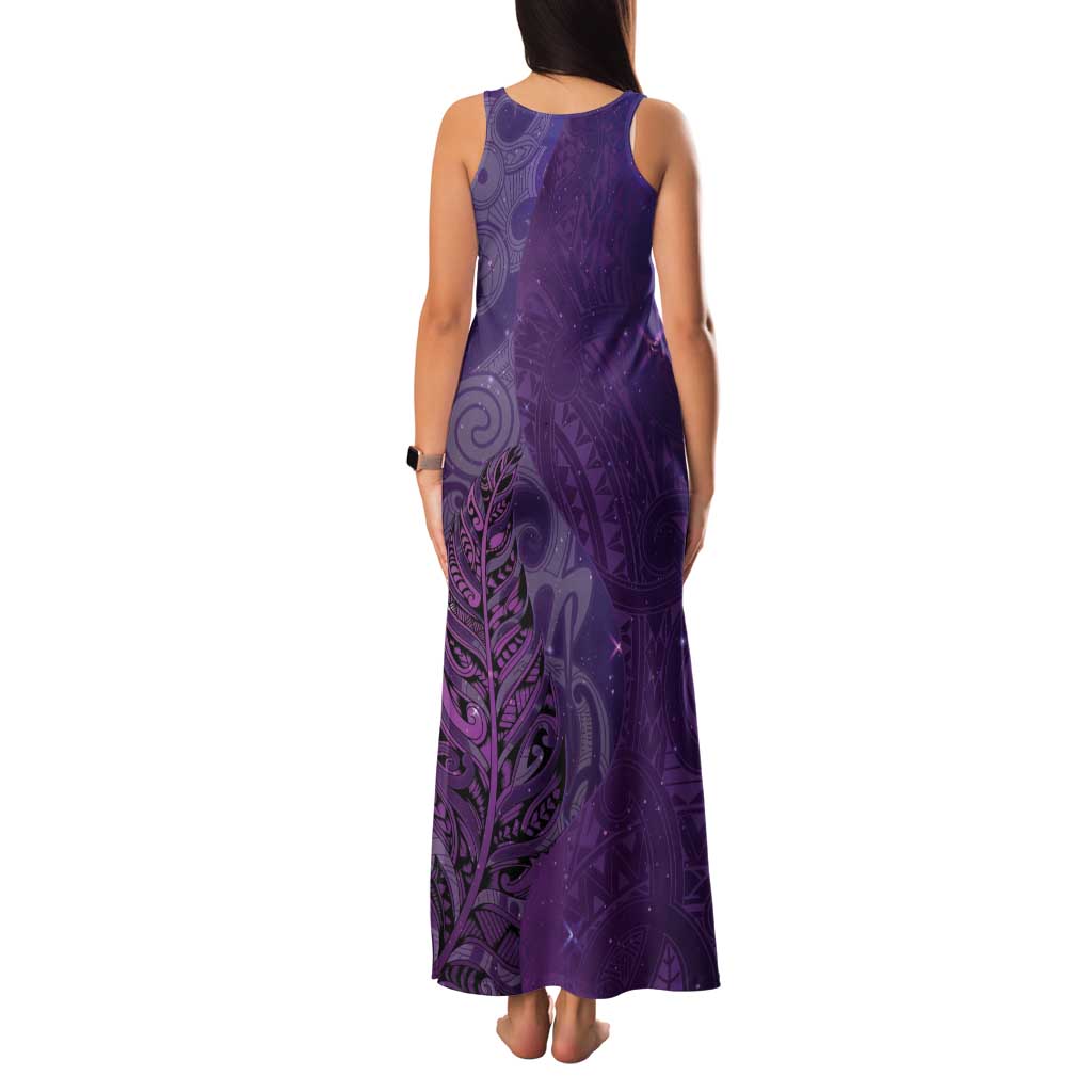 New Zealand Matariki Family Matching Tank Maxi Dress and Hawaiian Shirt Maori Manaia Galaxy Silver Fern Purple Color