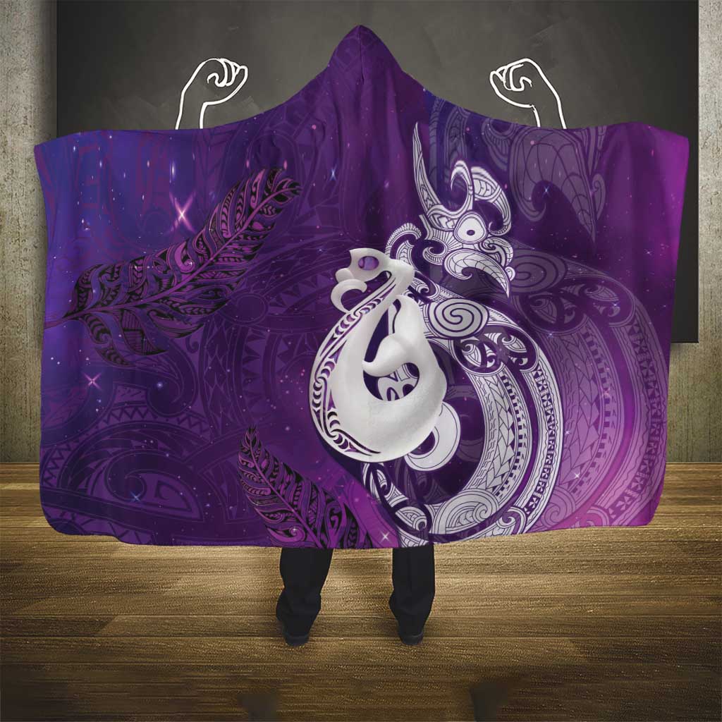 New Zealand Matariki Hooded Blanket Maori Manaia Galaxy Silver Fern Purple Color