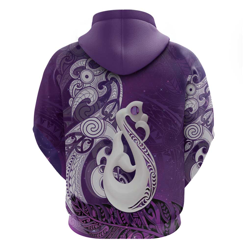 New Zealand Matariki Hoodie Maori Manaia Galaxy Silver Fern Purple Color