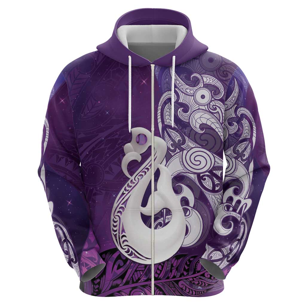 New Zealand Matariki Hoodie Maori Manaia Galaxy Silver Fern Purple Color