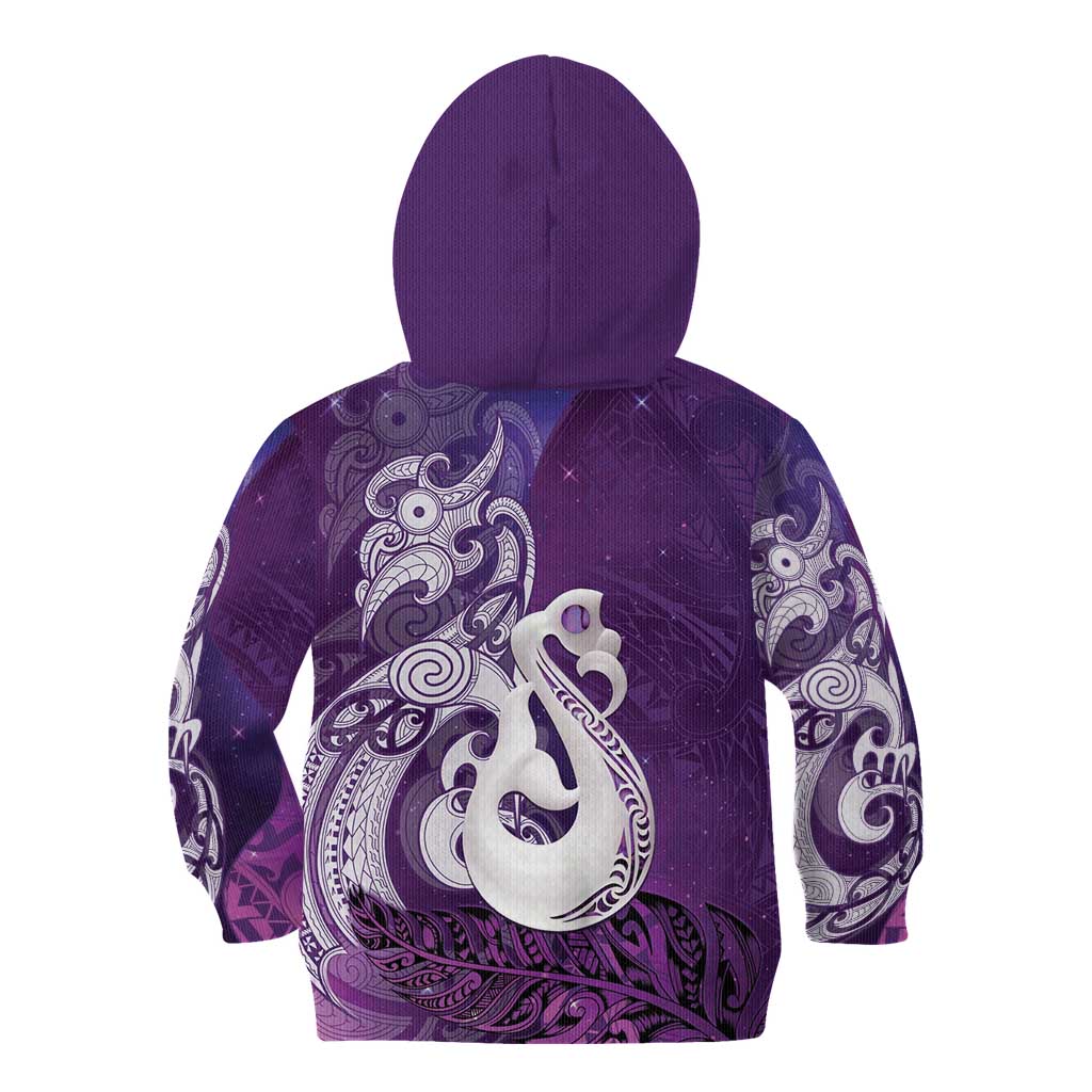 New Zealand Matariki Kid Hoodie Maori Manaia Galaxy Silver Fern Purple Color