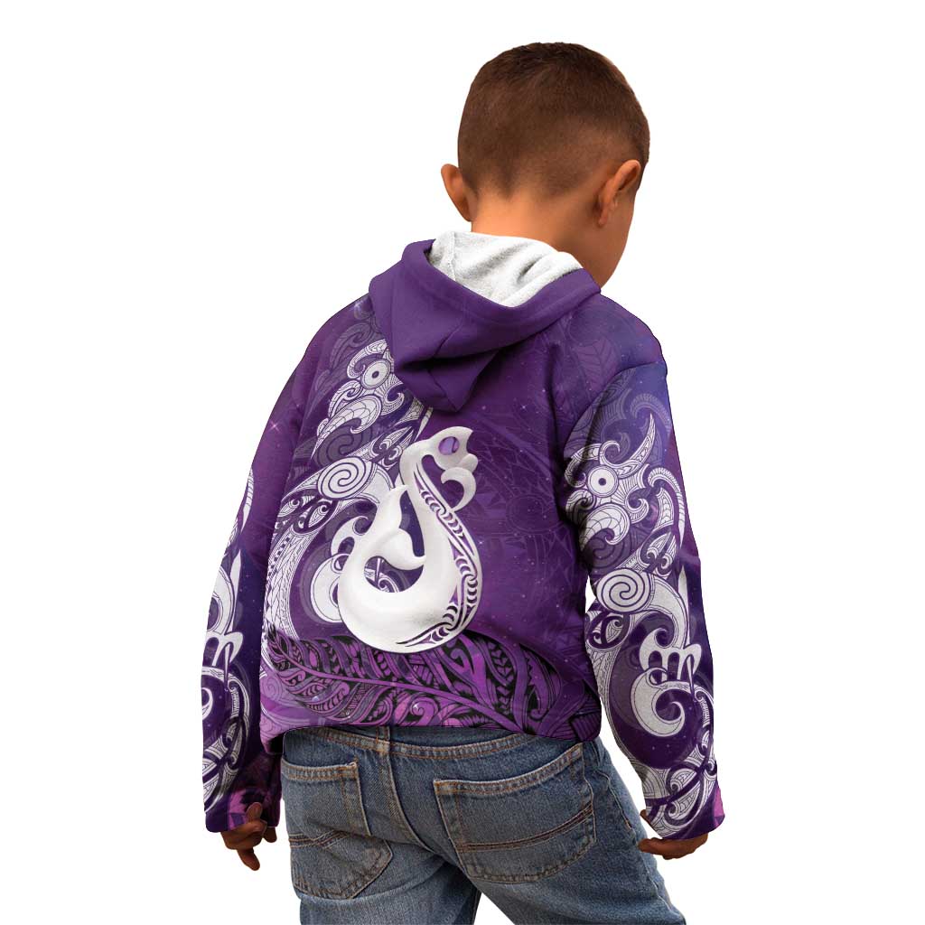 New Zealand Matariki Kid Hoodie Maori Manaia Galaxy Silver Fern Purple Color