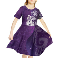 New Zealand Matariki Kid Short Sleeve Dress Maori Manaia Galaxy Silver Fern Purple Color