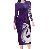 New Zealand Matariki Long Sleeve Bodycon Dress Maori Manaia Galaxy Silver Fern Purple Color