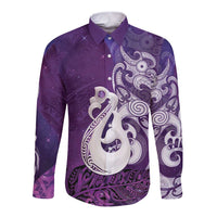 New Zealand Matariki Long Sleeve Button Shirt Maori Manaia Galaxy Silver Fern Purple Color